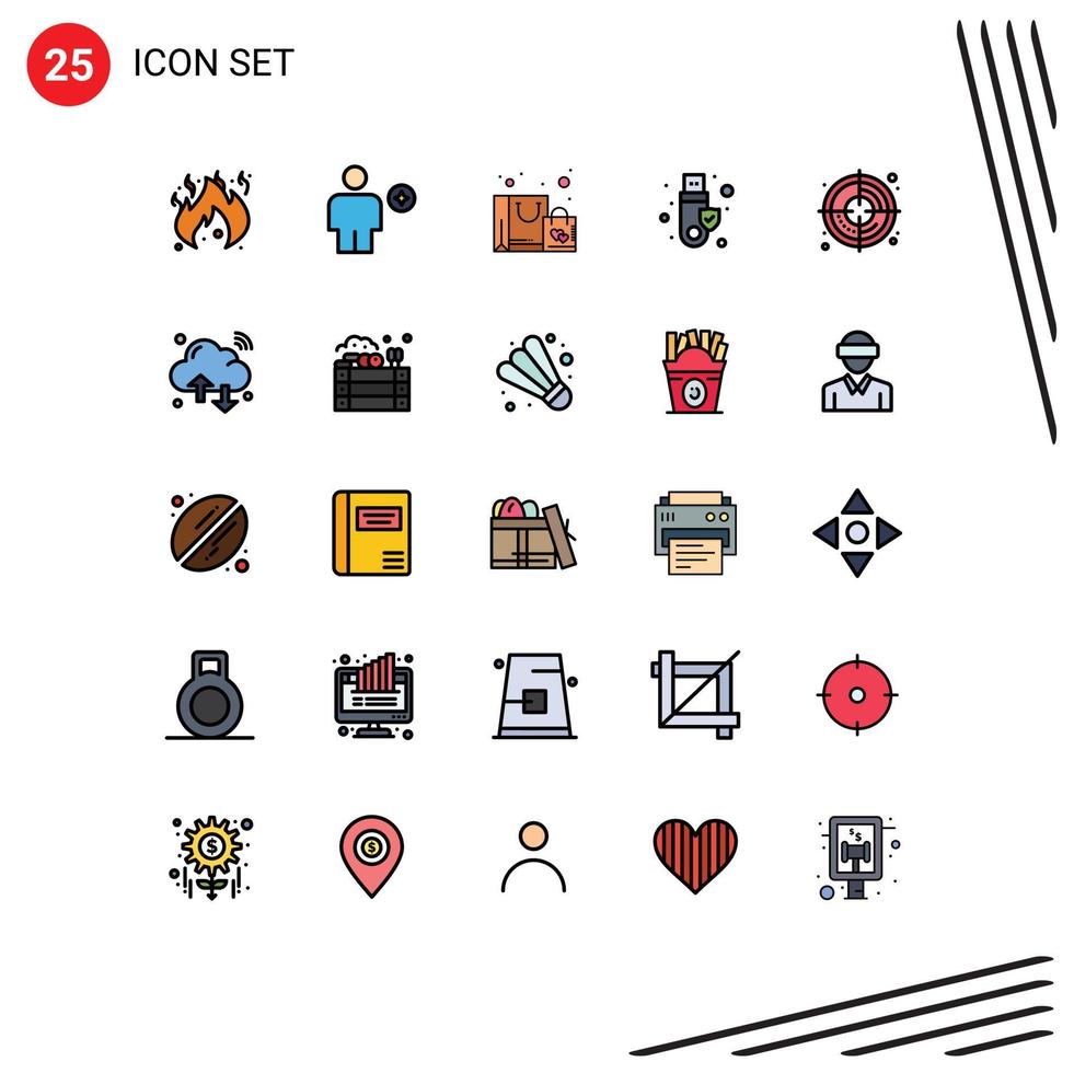 Pictogram Set of 25 Simple Filled line Flat Colors of creative usb bag token security Editable Vector Design Elements