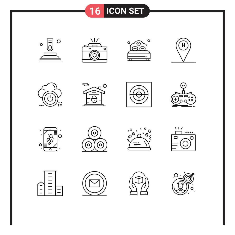 Pack of 16 Modern Outlines Signs and Symbols for Web Print Media such as shutdown travel aperture beach house wedding Editable Vector Design Elements