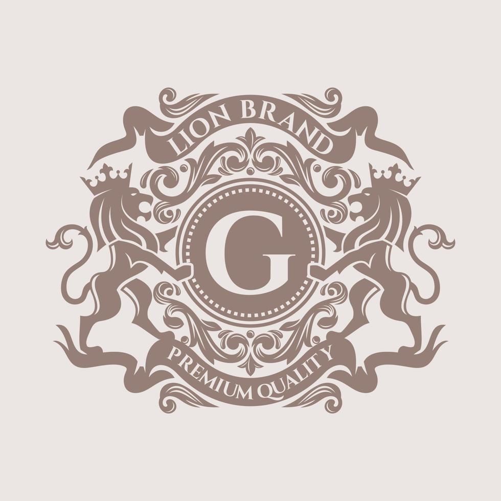 Luxury Lion crest heraldry logo. Elegant gold heraldic shield icon. Premium brand identity emblem. Royal coat of arms company label symbol. Modern vector illustration.