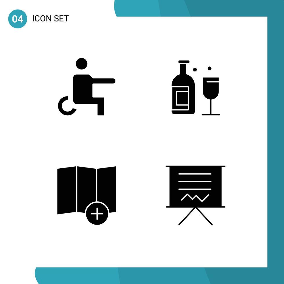 4 Creative Icons Modern Signs and Symbols of disabled map wheelchair drink blackboard Editable Vector Design Elements