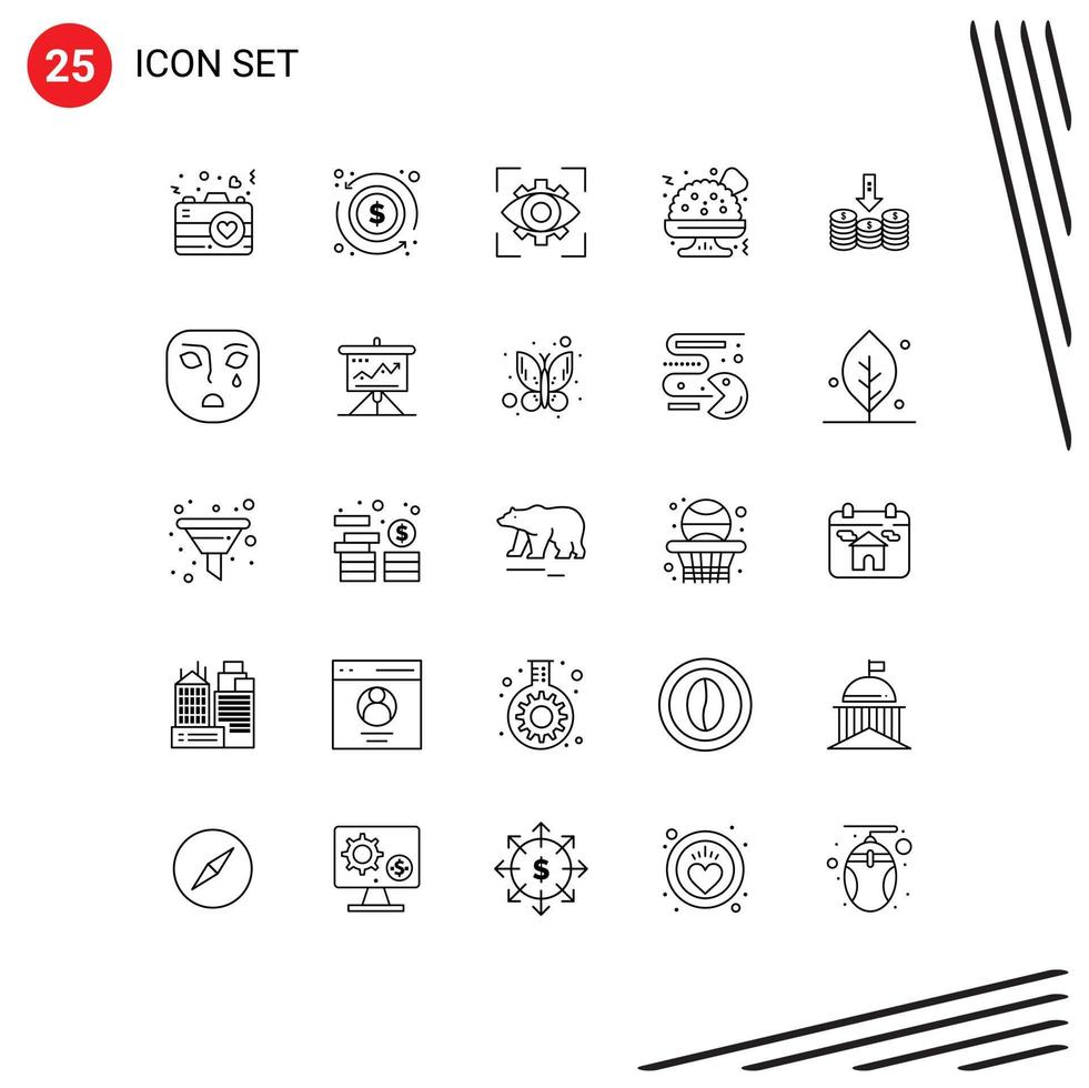 Modern Set of 25 Lines Pictograph of money coins eyesight food fast food vision Editable Vector Design Elements