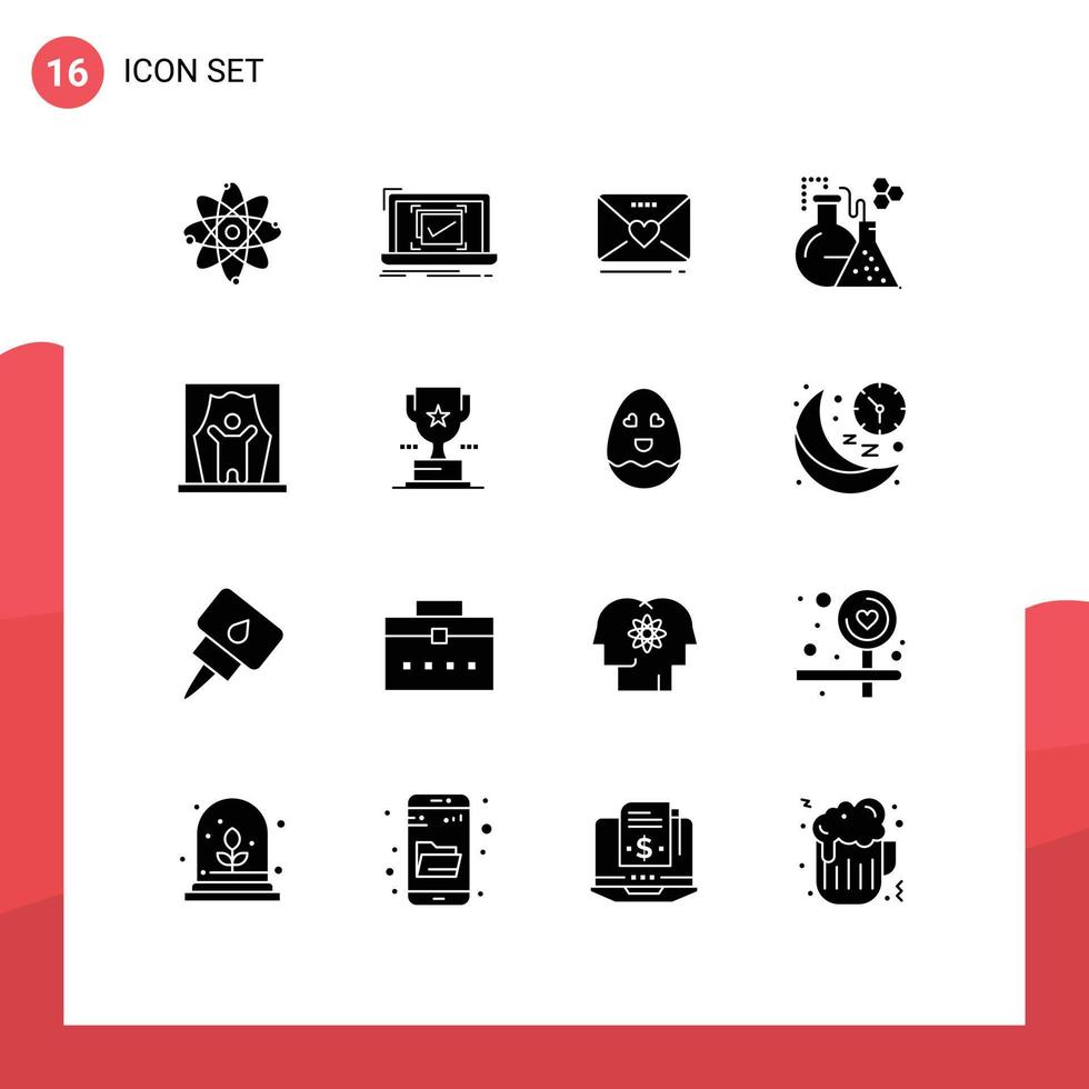 16 Universal Solid Glyph Signs Symbols of actor test ok lab heart Editable Vector Design Elements