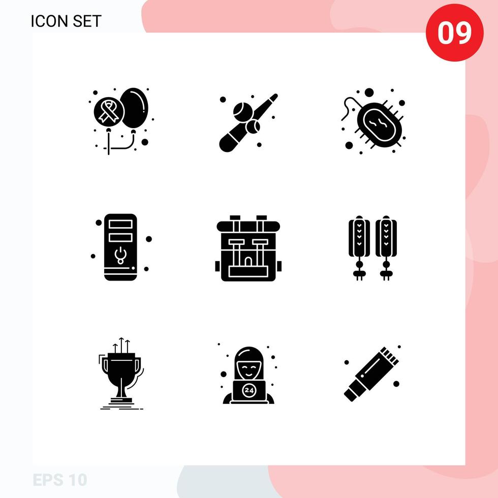 9 Solid Glyph concept for Websites Mobile and Apps bag hardware play cpu research Editable Vector Design Elements