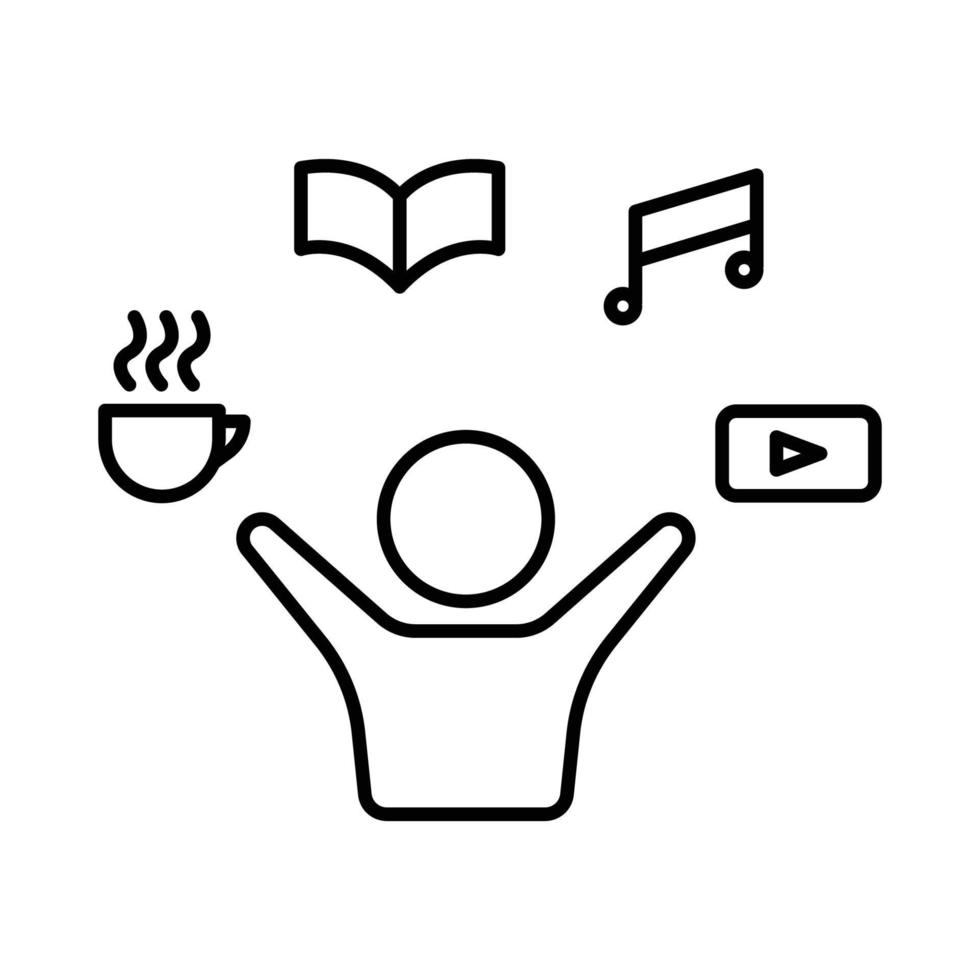 ilustración del icono de la afición. icono de personas con taza de café, libro, música, video. icono relacionado con el estilo de vida. estilo de icono de línea. diseño vectorial simple editable vector