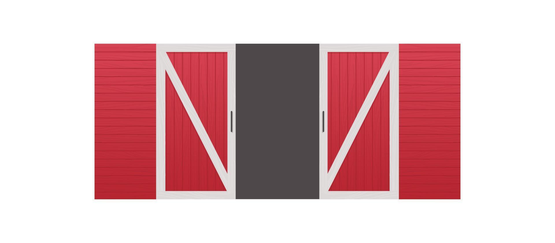 Red wooden barn door front view and farm warehouse building cartoon concept horizontal flat vector illustration.
