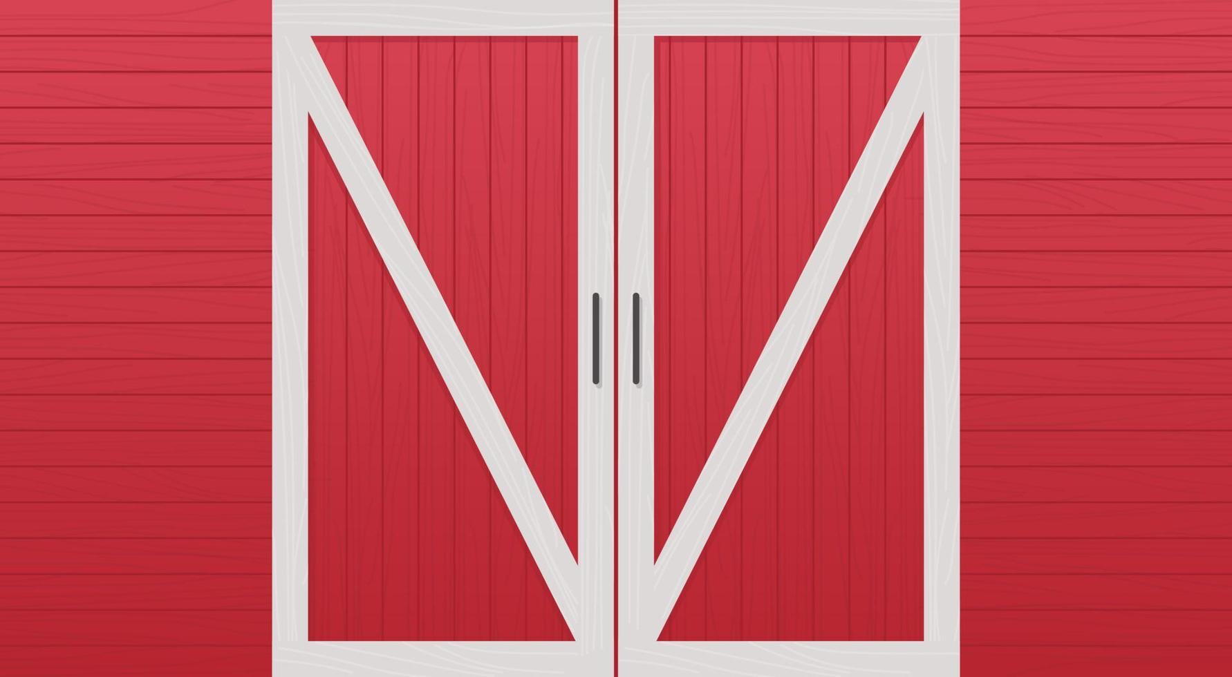 Red wooden barn door front view and farm warehouse building cartoon concept horizontal flat vector illustration.