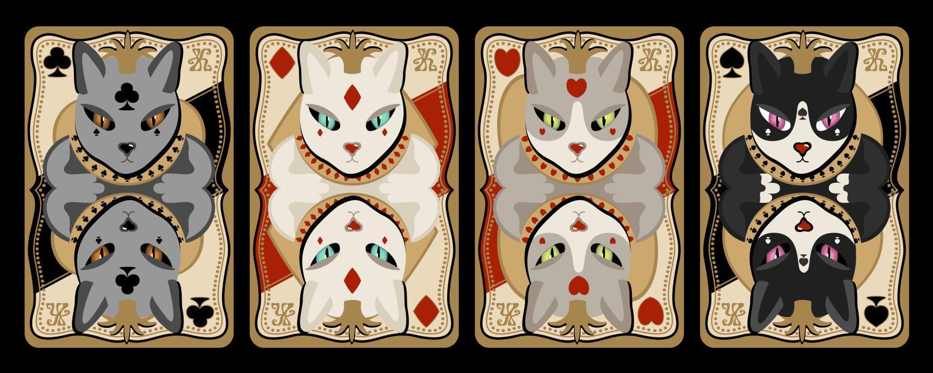 jugando a las cartas, cuatro reyes con cabezas de gatos. conjunto de vectores aislado sobre fondo negro.