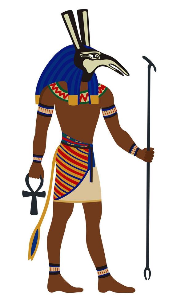 Ancient Egypt. Set, God of fury, sandstorms, destruction, chaos, war and death. Man with the head of an extraterrestrial animal. Vector illustration.