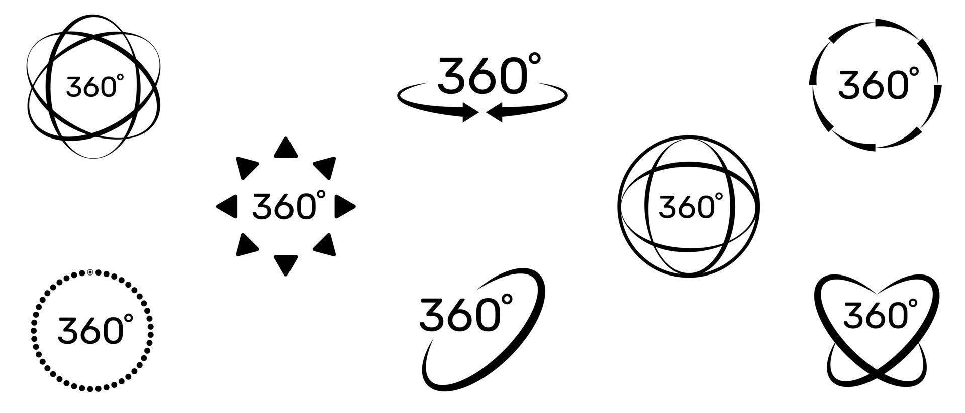 Conjunto de iconos de 360 grados. símbolo con flecha para indicar la rotación, realidad virtual o panoramas a 360 grados. ilustración vectorial vector