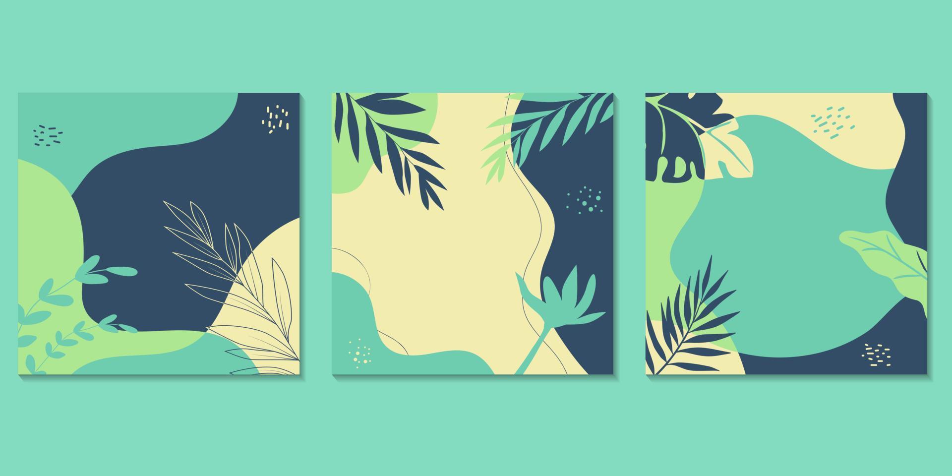 conjunto de fondos modernos de hojas tropicales con decoración fluida abstracta de dibujos animados planos vector