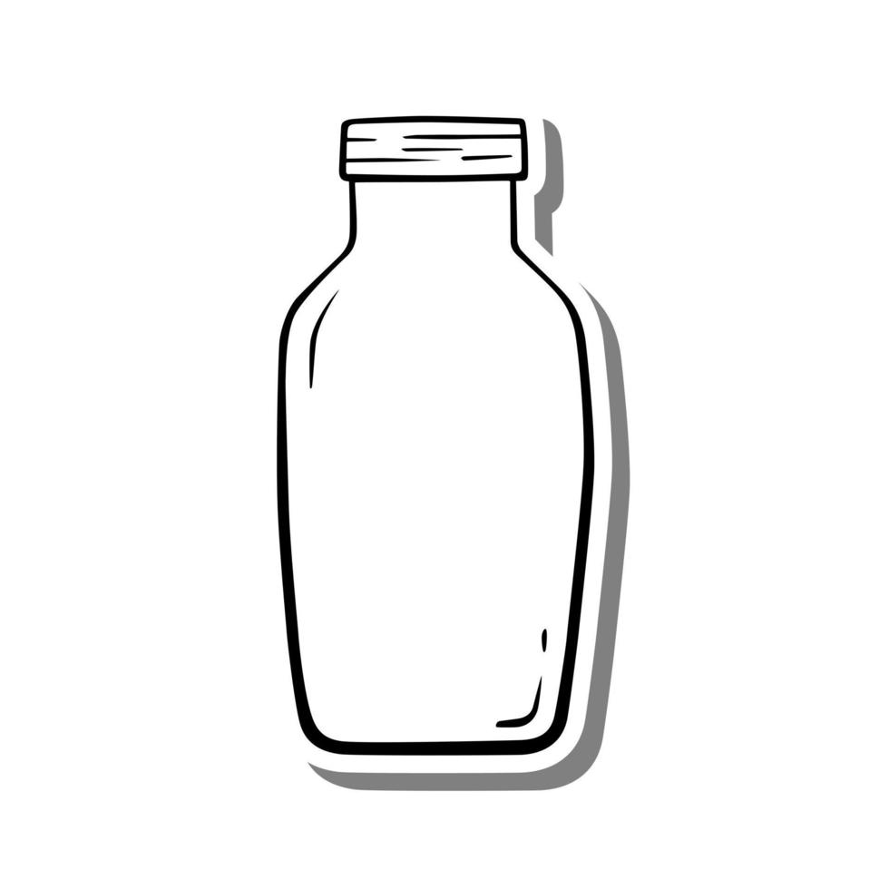 Basic Glass Bottle on white silhouette and gray shadow. Simple line doodle. Vector illustration for decoration or any design.