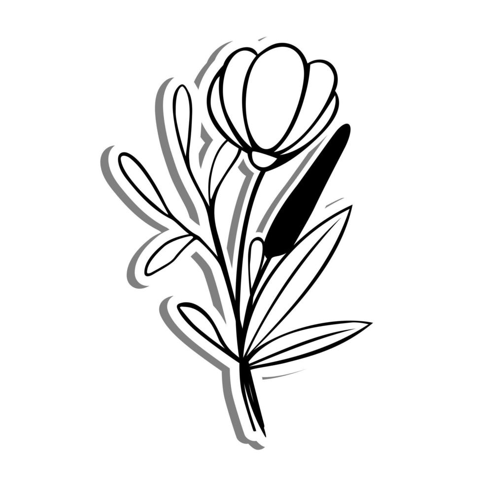 arte de línea de ramo pequeño. flor, hojas y polen en silueta blanca y sombra gris. ilustración vectorial para decoración o cualquier diseño. vector