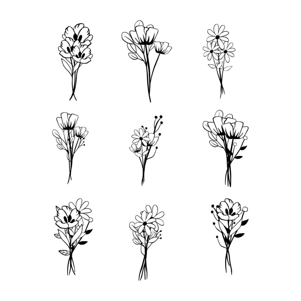 Black line doodle Little Bouquet Flowers on white background. Vector illustration about nature.