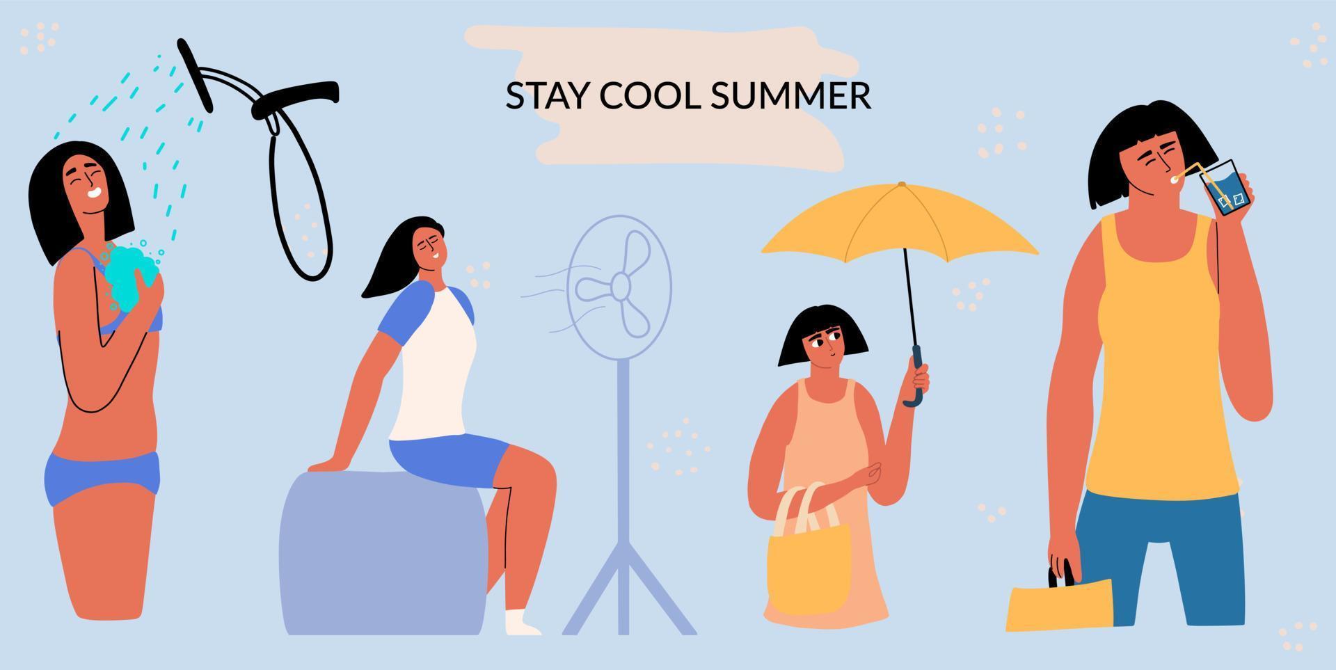 consejos sobre cómo refrescarse en el calor del verano. ilustración vectorial dibujada a mano con estilo vector