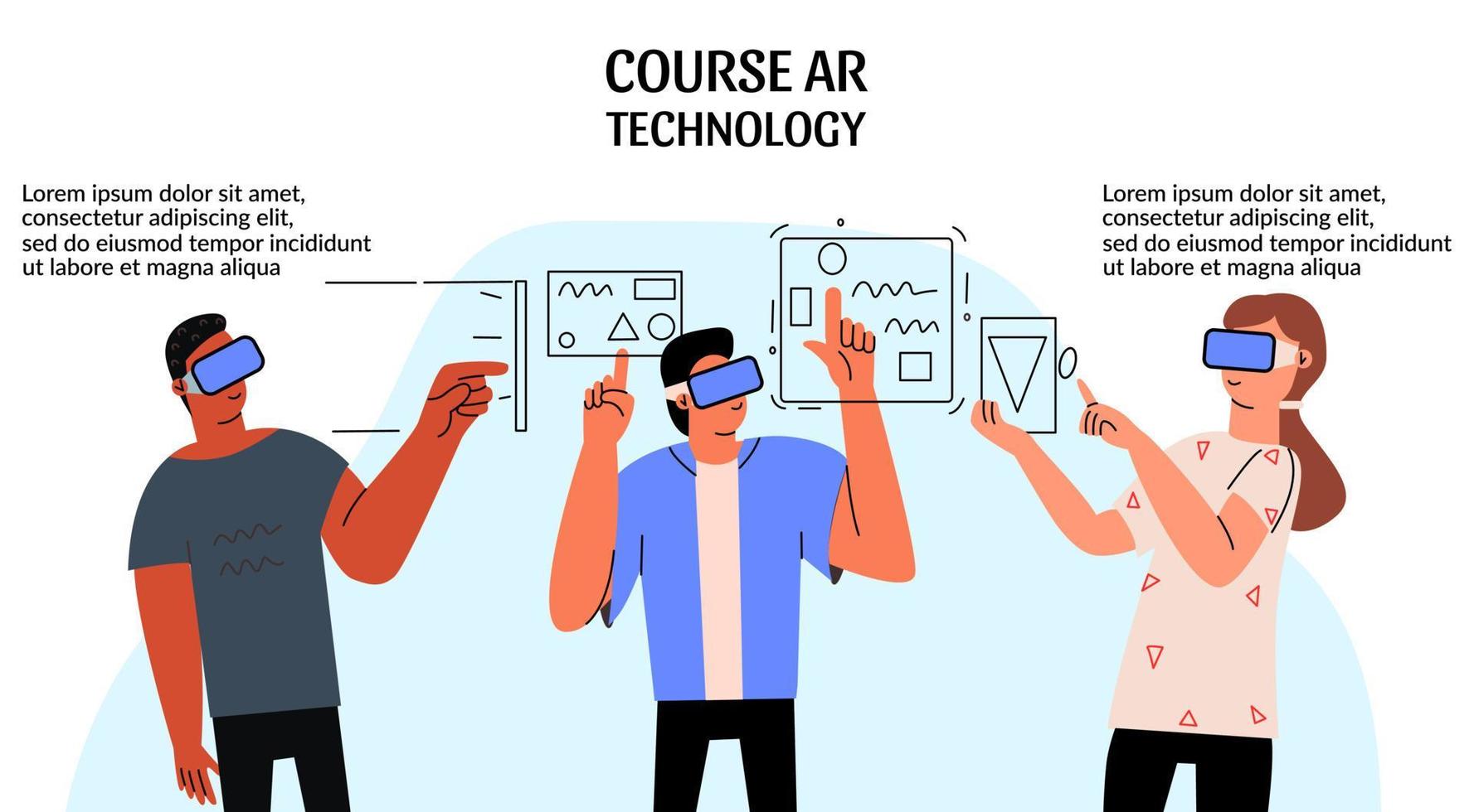 el concepto de realidad aumentada. personas con gafas de realidad virtual. trabajo en equipo usando tecnologías vr. ilustración vectorial en un estilo plano. banner, página de inicio, diseño de plantilla de sitio web. vector