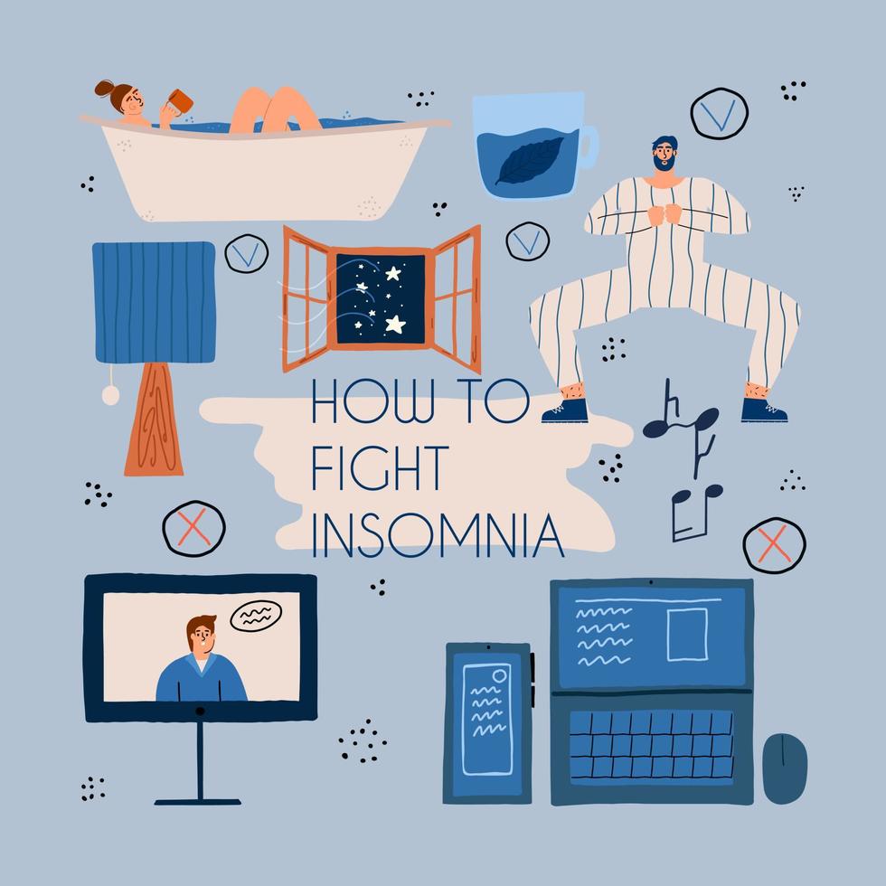 infografías sobre formas de combatir el insomnio. conjunto de elementos consejos sobre cómo vencer un mal sueño. ilustración vectorial en un estilo plano. vector