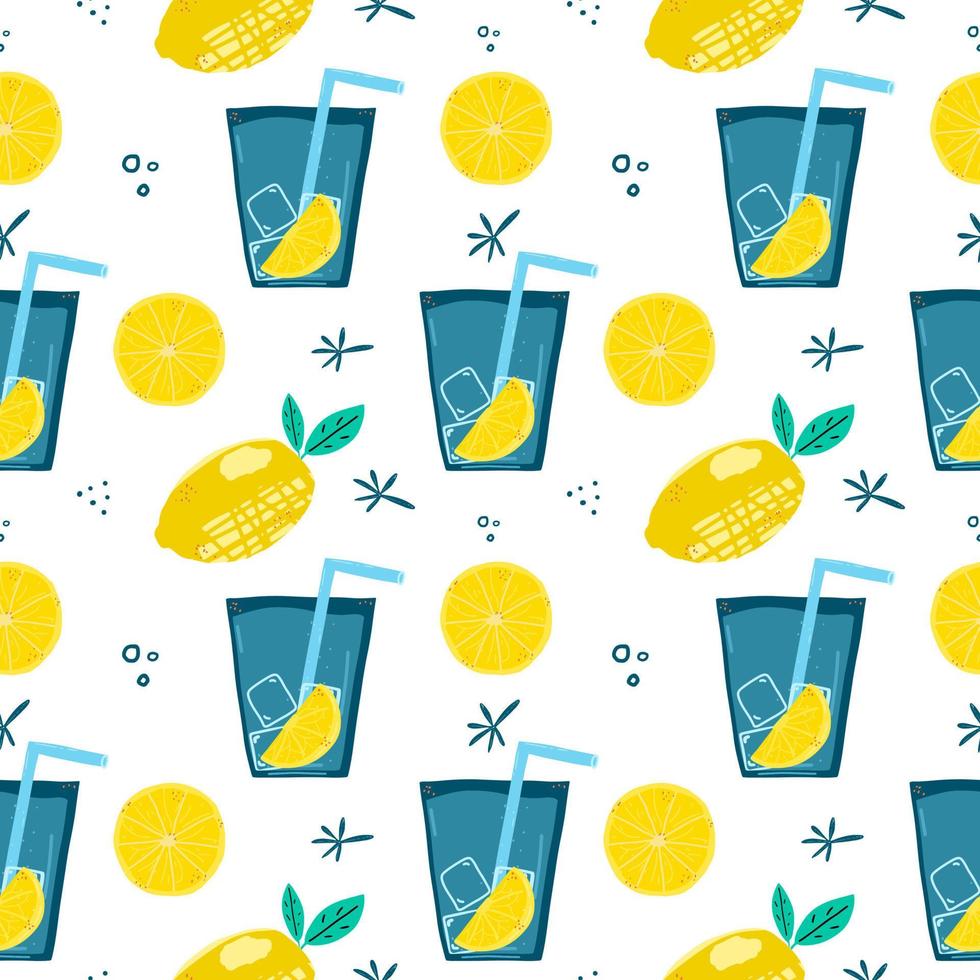Seamless color pattern with texture lemons and lemonade on a white background. Hand drawn vector illustration.