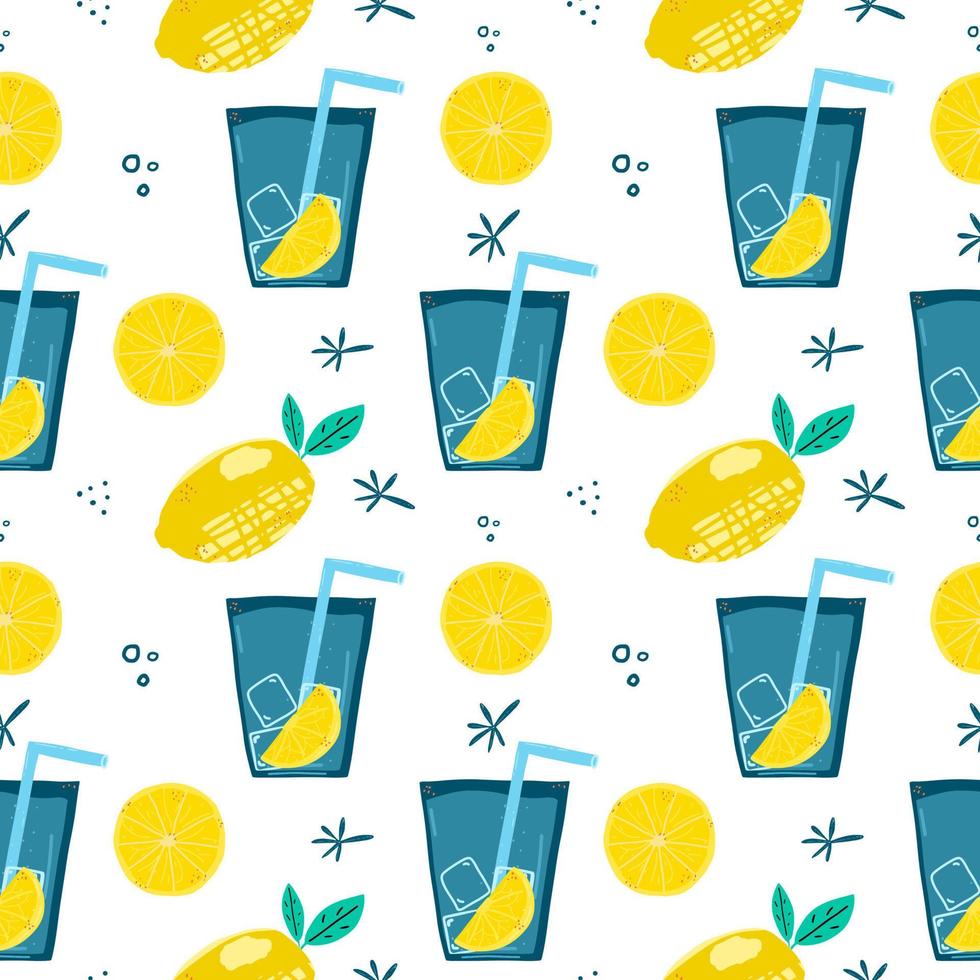 patrón de color transparente con limones de textura y limonada sobre un fondo blanco. ilustración vectorial dibujada a mano. vector