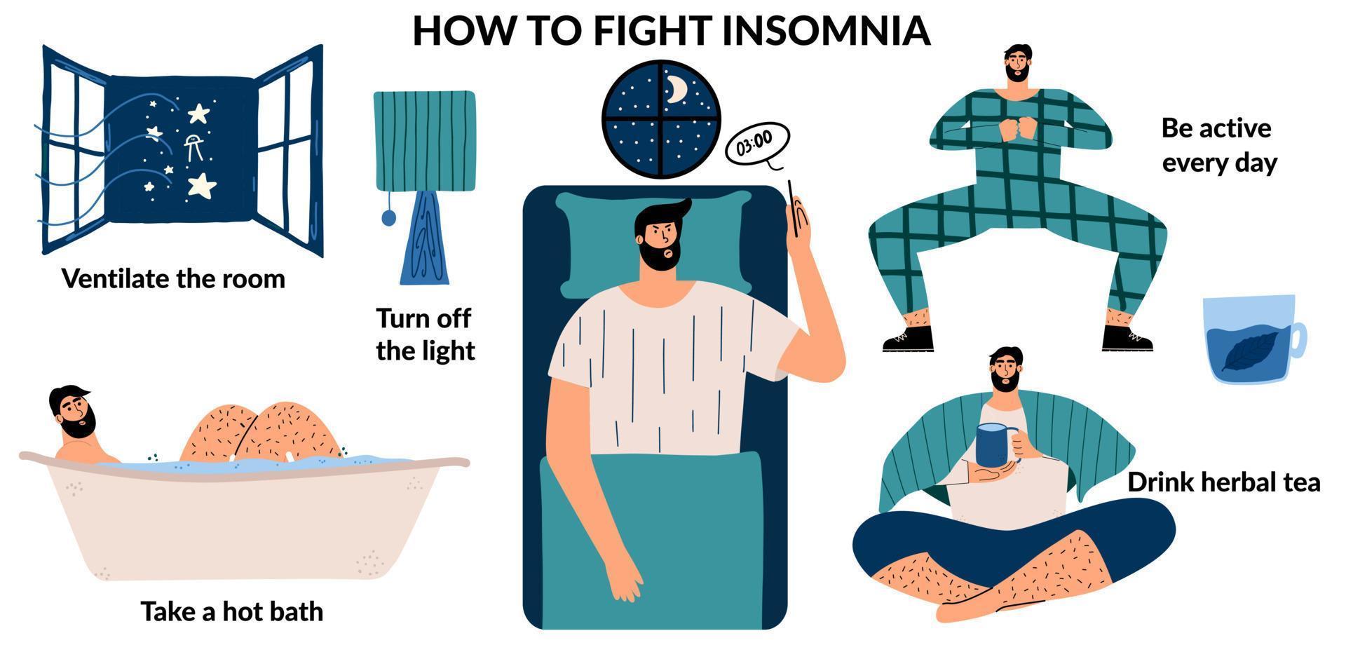 Infographics with a male character on the topic of how to deal with insomnia. Vector illustration in flat style