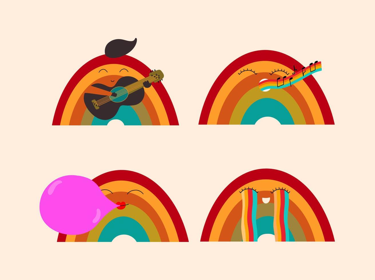 Different groovy rainbow hippies. Set of stickers with 60s, 70s kawaii retro characters. vector