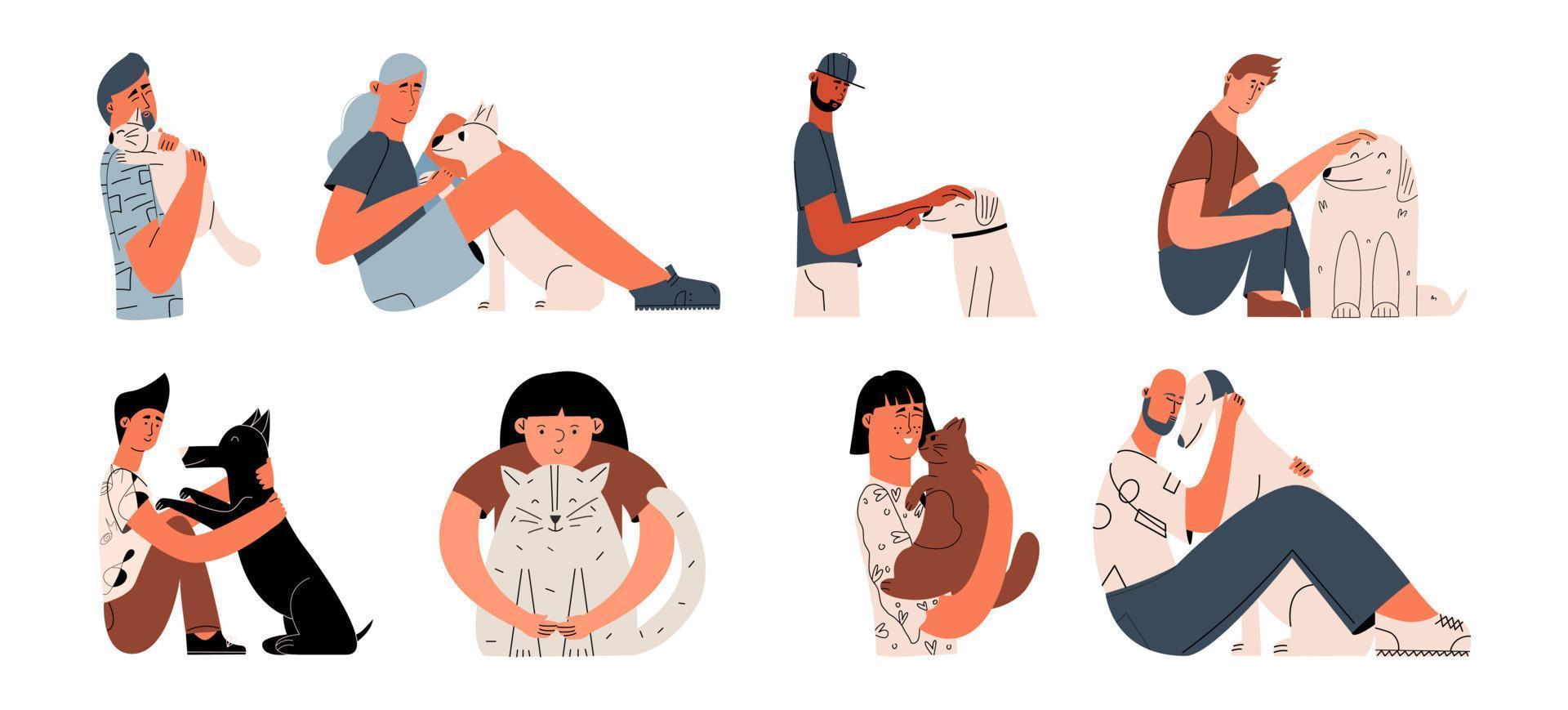 Animal emotional support hand drawn style icons set. People with animals. Woman with a dog. Man with a cat. vector