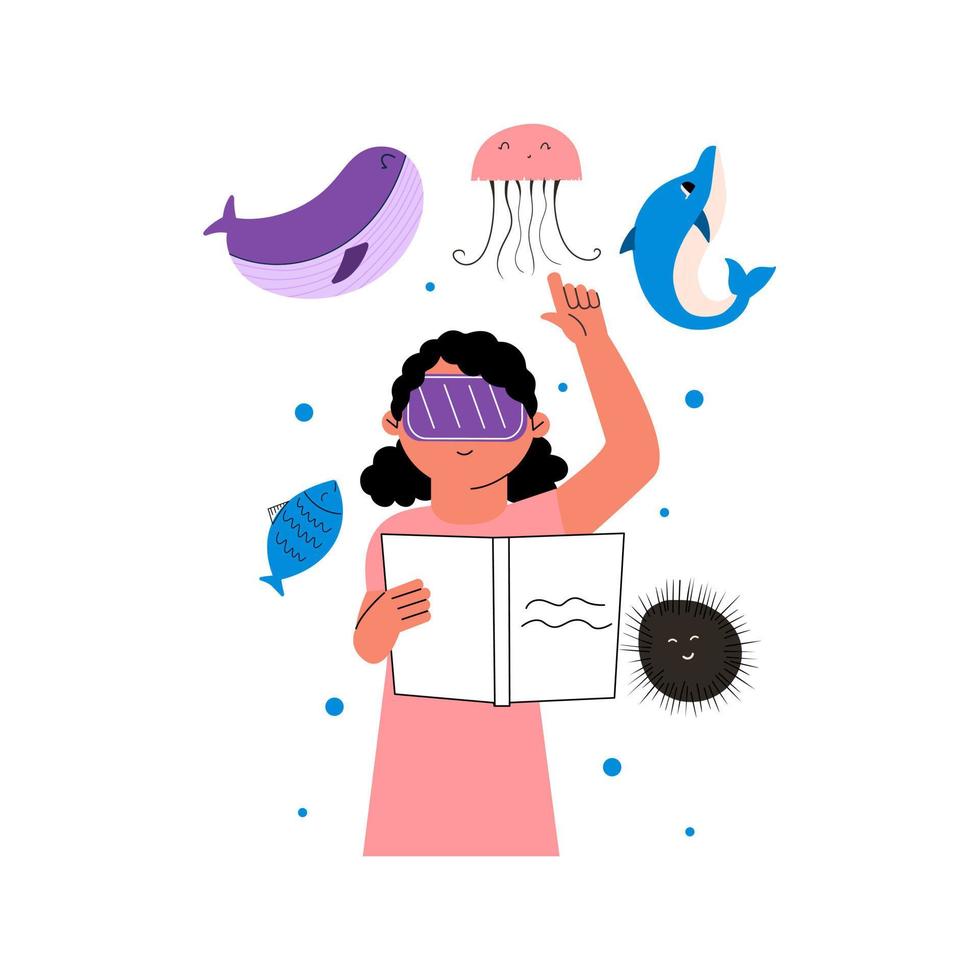 The concept of augmented reality. A child in AR glasses is studying with a book in his hand. Vector illustration in flat style