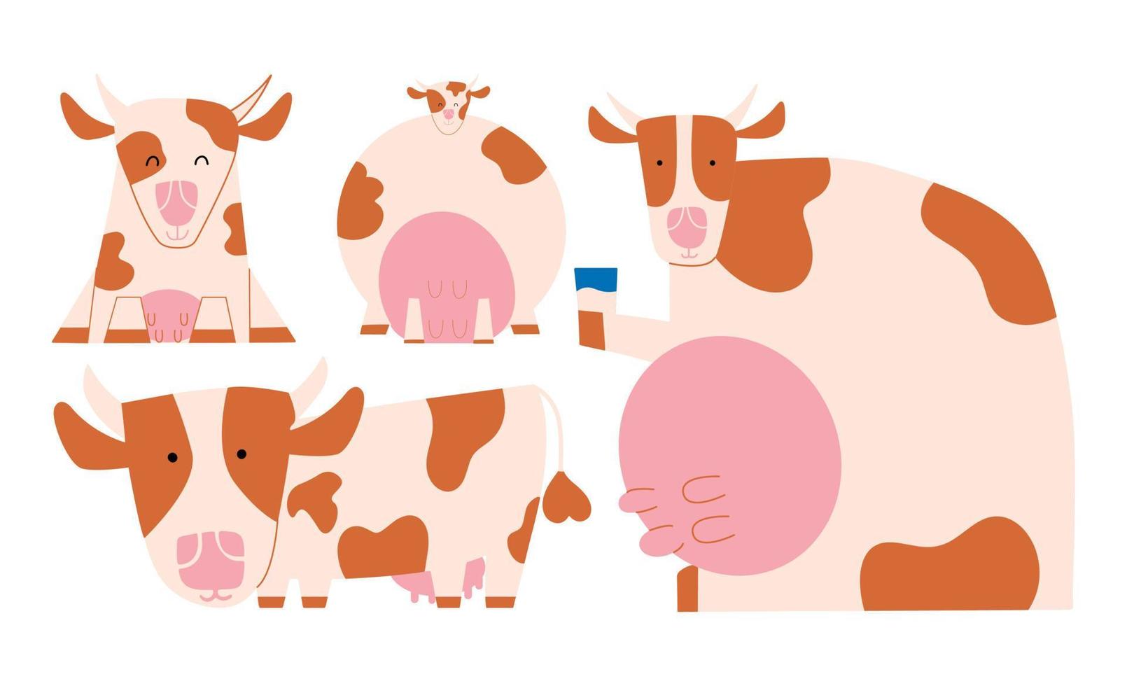 A set of funny cows in different poses in a cartoon style. Vector illustration