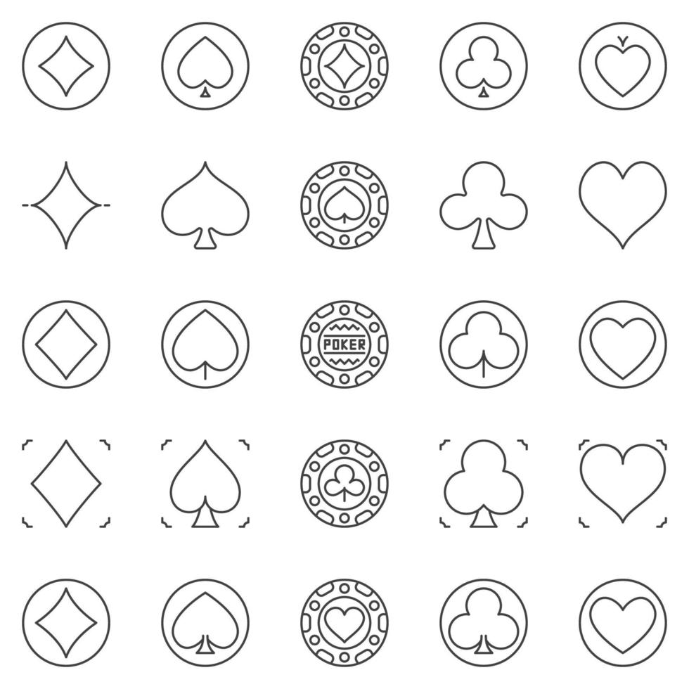 Juegos de naipes y fichas de póquer conjunto de iconos de contorno - símbolos de vector de casino