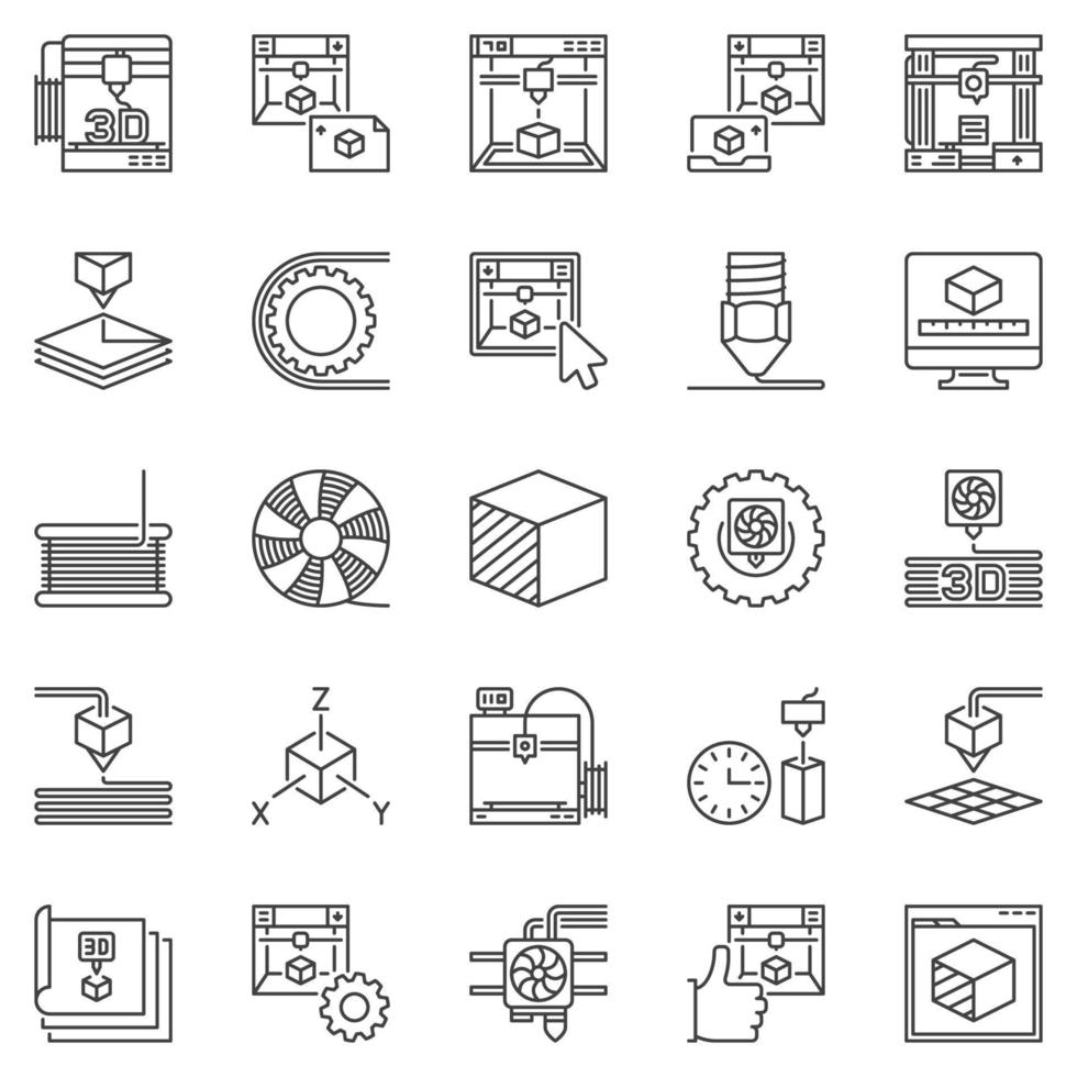 Conjunto de iconos de esquema de concepto de impresión 3d - símbolos lineales de impresora vectorial vector