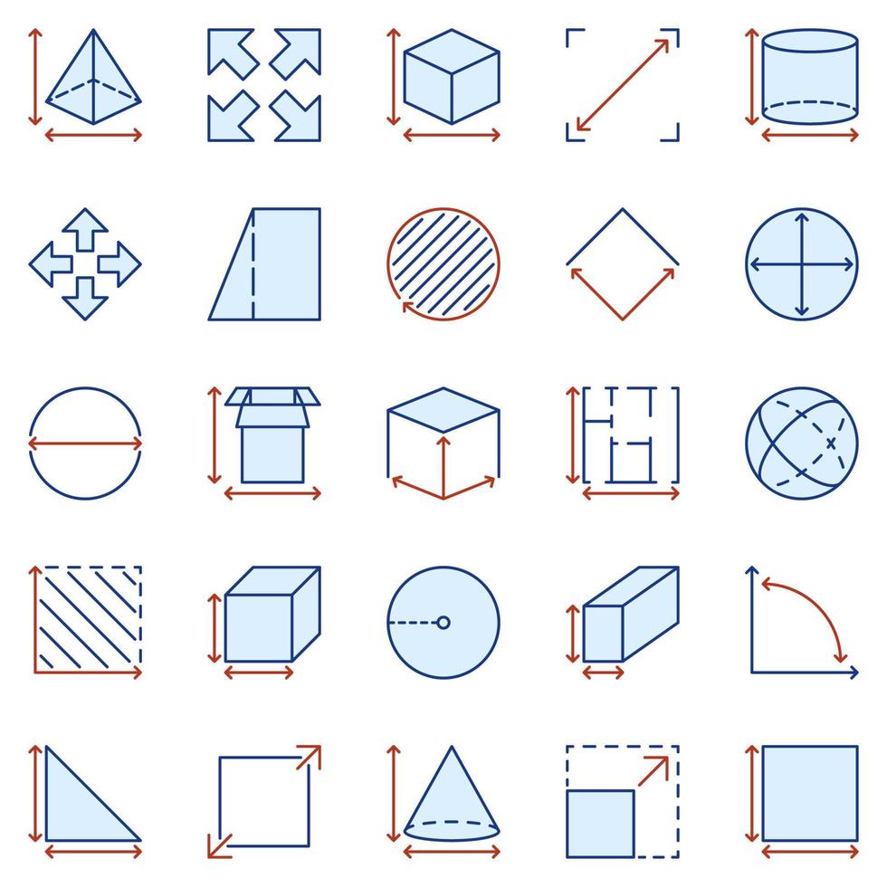 Conjunto de iconos de colores de dimensión y medición: signos de área y tamaño vector