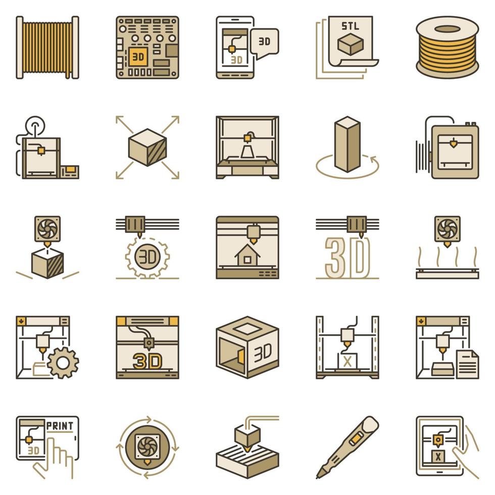 3D Printer colored icons set. Additive Manufacturing and Printing Technology concept signs vector