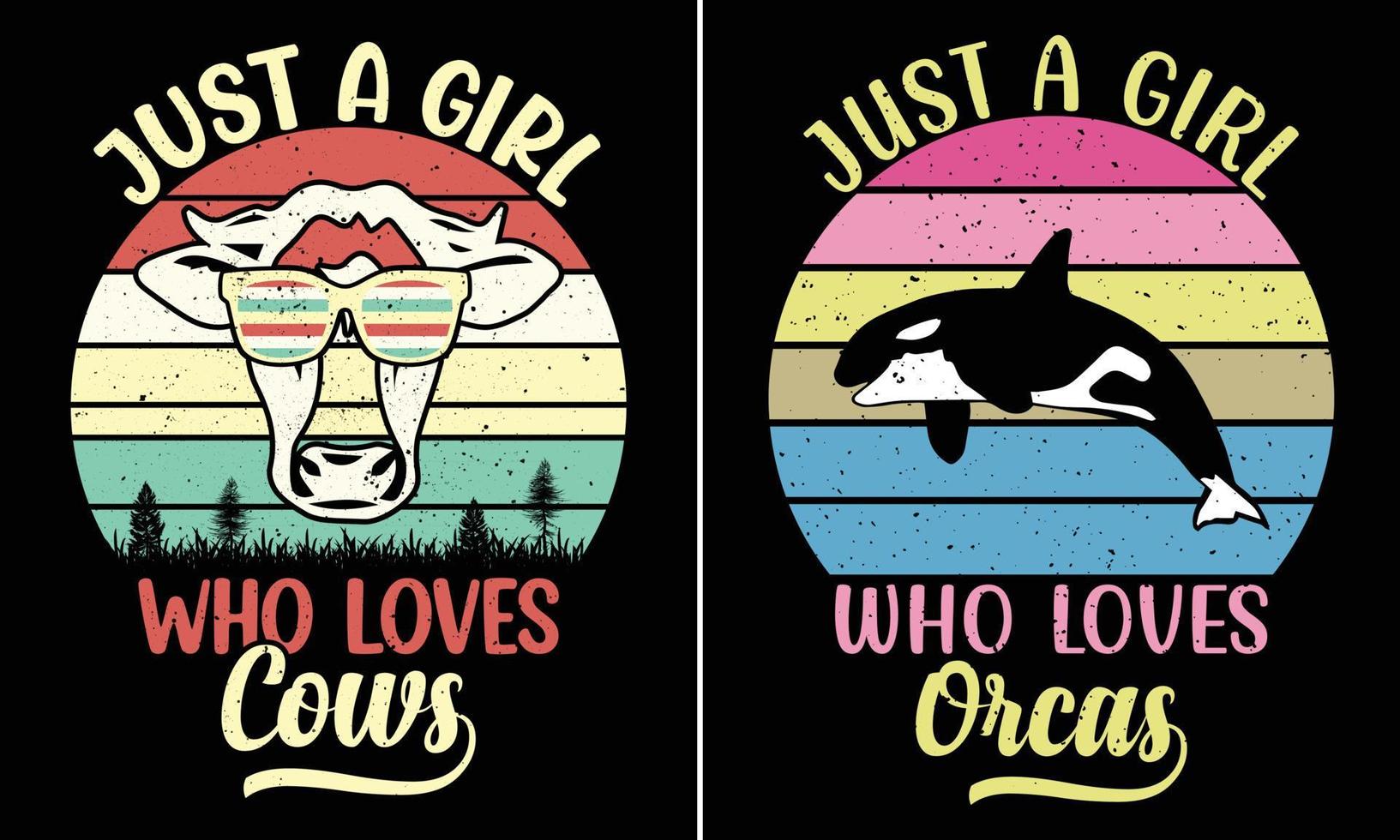 solo una chica que ama las vacas, solo una chica que ama las orcas, diseño retro vintage de camiseta de puesta de sol para mujer vector