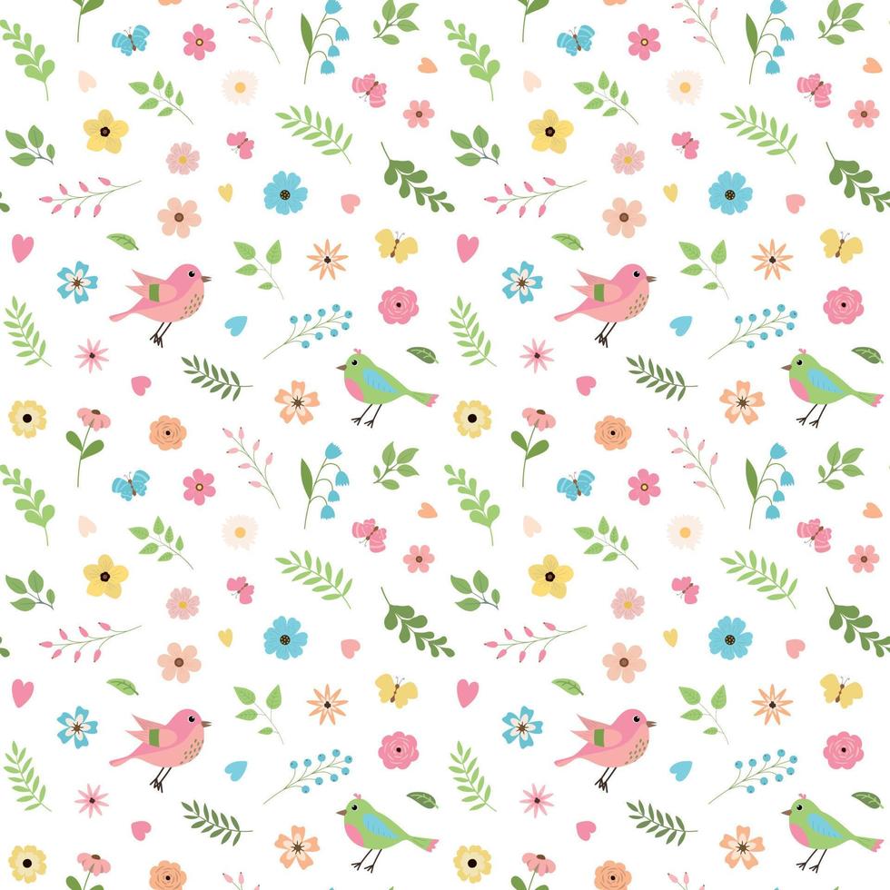 Cartoon spring birds, flowers, leaves, and butterflies seamless vector pattern. Perfect for textile, wallpaper or print design. Isolated on white background.