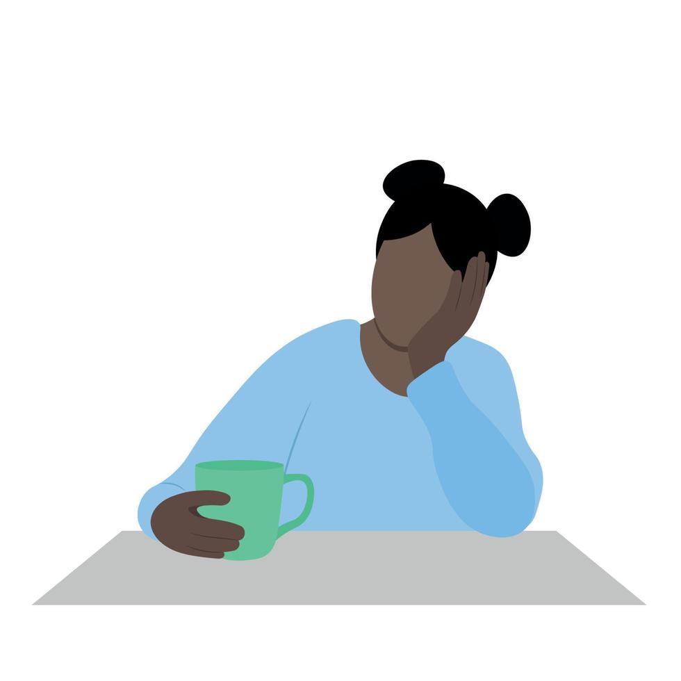 retrato de una chica negra con una taza en las manos en la mesa, vector plano, aislada en blanco, ilustración sin rostro, pausa para el café