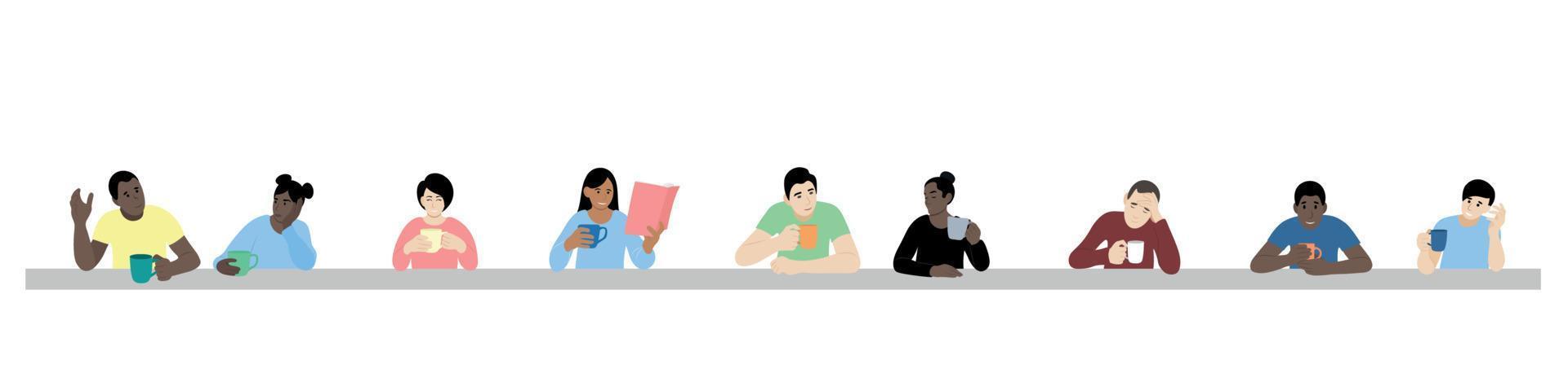 Guys and girls with cups in their hands are sitting at a very long table, flat vector, isolated on white, cafe concept, tea party, people of different nationalities, people with different skin colors vector