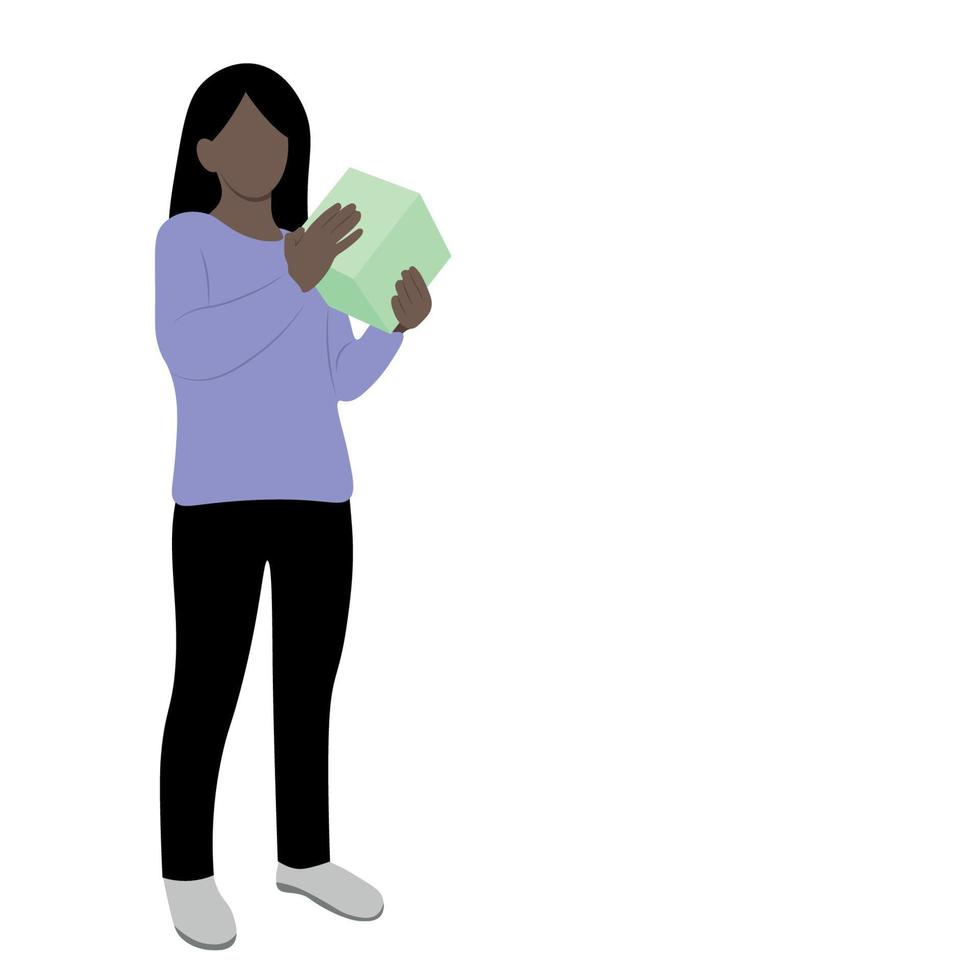 retrato de una chica negra en pleno crecimiento con una pequeña caja en sus manos, vector plano, aislado en blanco, ilustración sin rostro, entrega, minimalismo