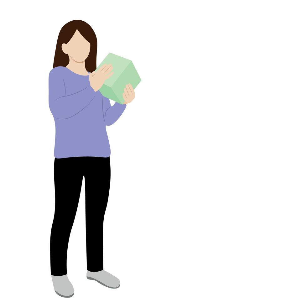 Portrait of a girl in full growth with a small box in her hands, flat vector, isolate on white, faceless illustration, delivery, minimalism vector