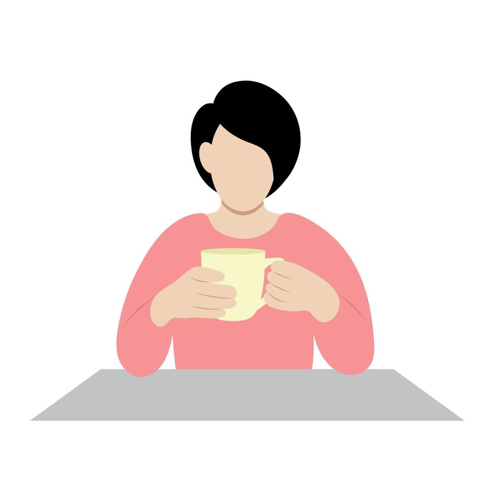 retrato de una chica con un corte de pelo corto que se sienta en una mesa con una taza en las manos, vector plano, aislada en blanco, ilustración sin rostro, pausa para el café