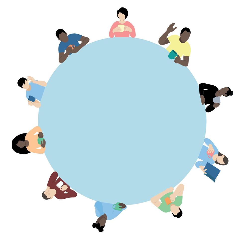 Portraits of people with cups in their hands around a blue circle, a flat vector, isolated on a white, faceless illustration, a cafe concept, people with different skin color vector