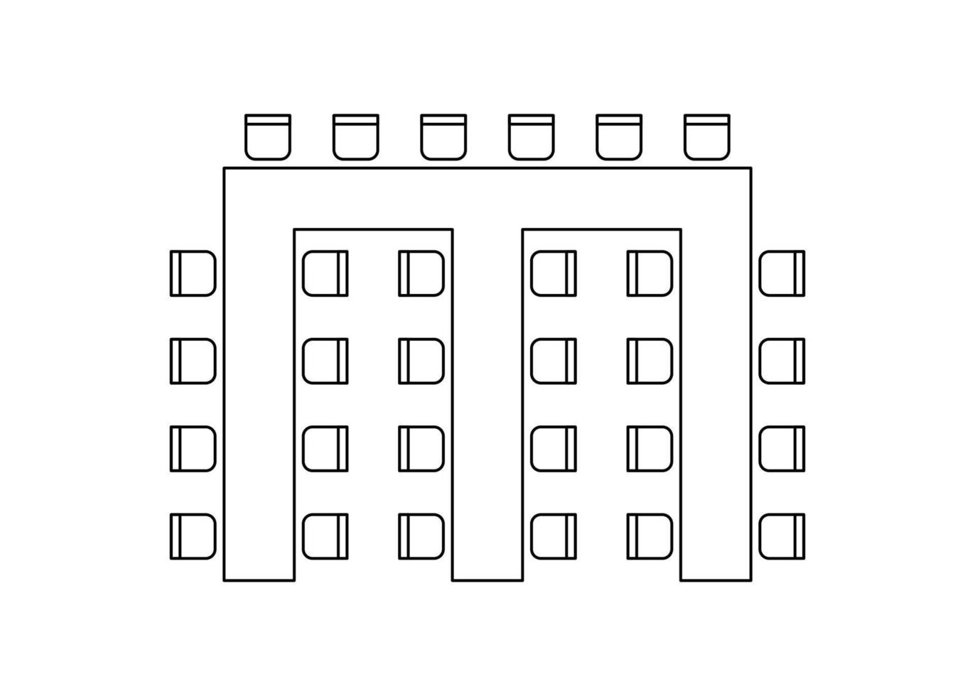 Plan for arranging seats and tables in interior, layout graphic outline elements. Chairs and tables icons in scheme architectural plan. Office and home furniture, top view. Vector line