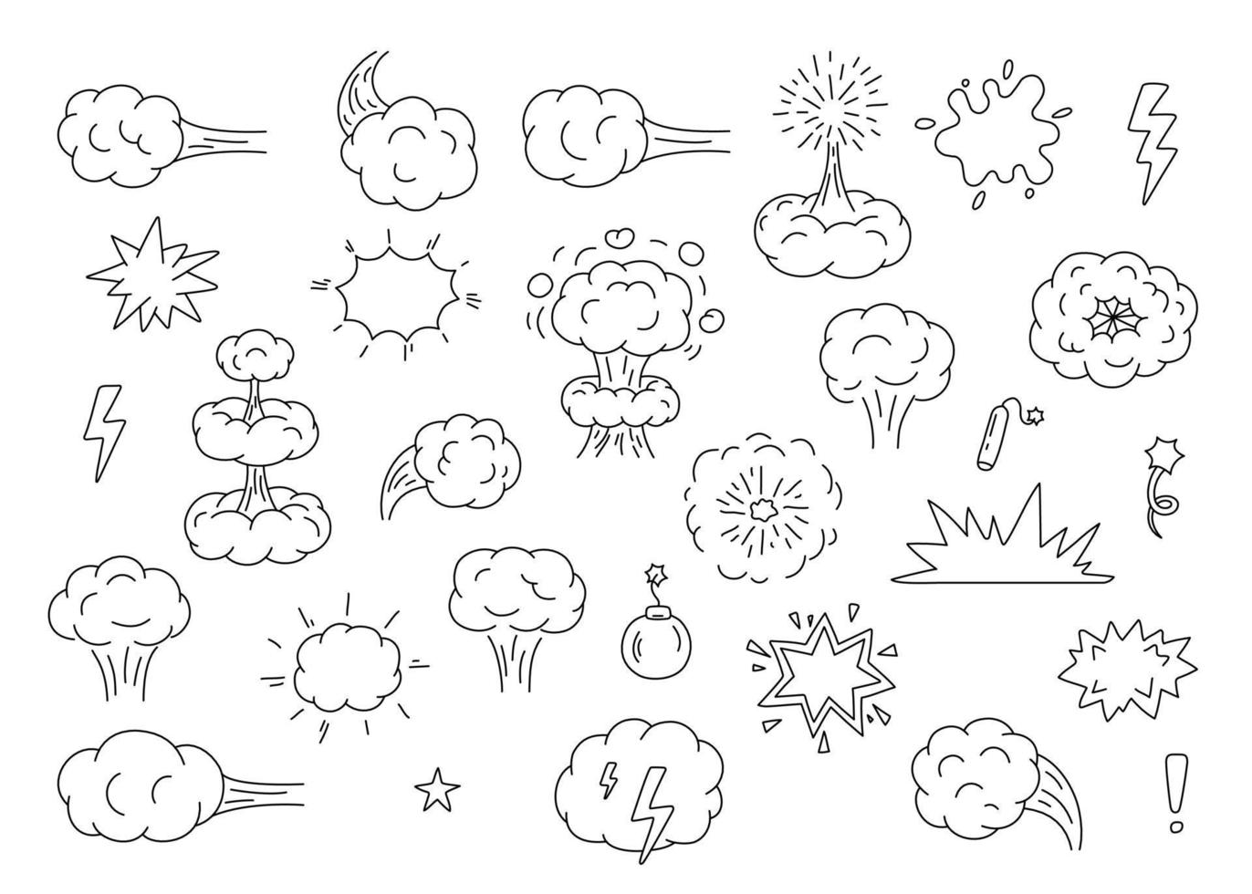 Explosion, bomb, boom, doodle line set. Hand drawn element splash, crack, pow, crash, war, burst with smoke of cloud. Collection outline sketch. Vector illustration