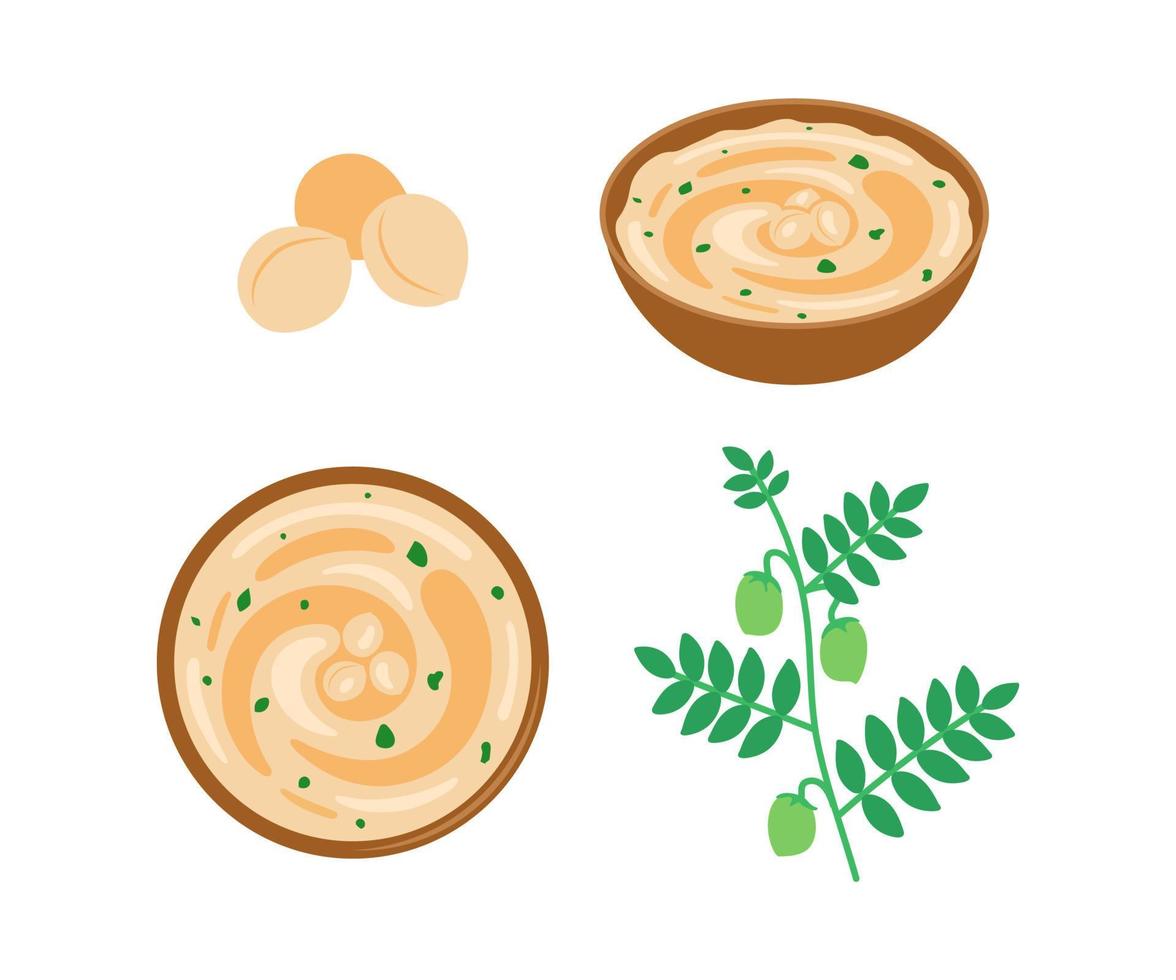 Chickpeas hummus, paste food in plate, plant with green pods chickpea. Traditional arabic food. Vegetarian vegan protein meal. Cream puree from bean. Vector illustration