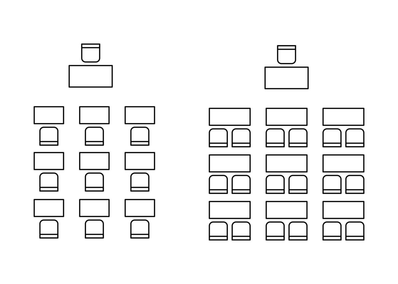 conjunto de planes para la disposición de asientos en el interior, auditorio con lugar para espectadores, aula, sala de conferencias, elementos de esquema de diseño. iconos de sillas y mesas de esquema. vista superior de los muebles.línea vectorial vector