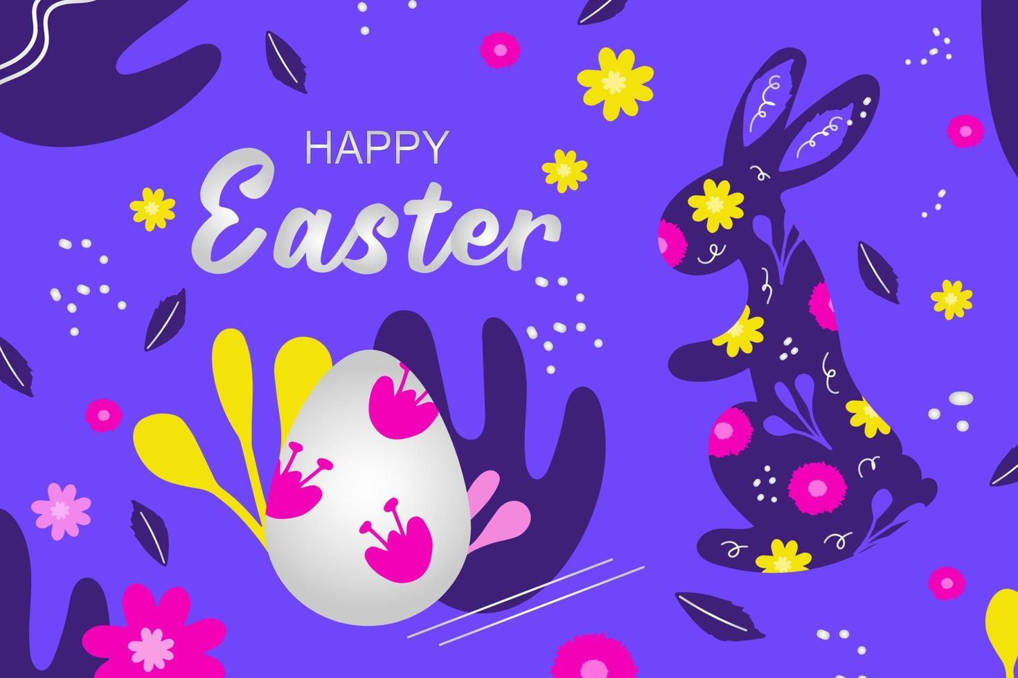 Colorful Easter banner with bunny, egg and flowers. Cute hand drawn easter doodle background. vector