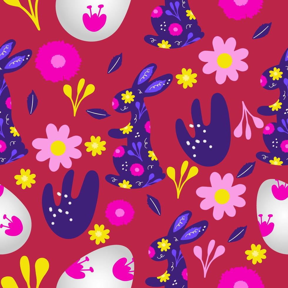 Seamless pattern easter banner with bunny, egg and flowers. Cute hand drawn Easter doodle background. vector