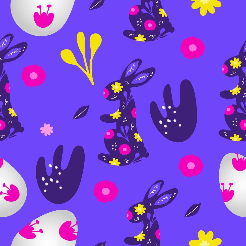 Seamless Easter pattern with bunny, eggs and flowers. Cute hand drawn Easter doodle background. vector