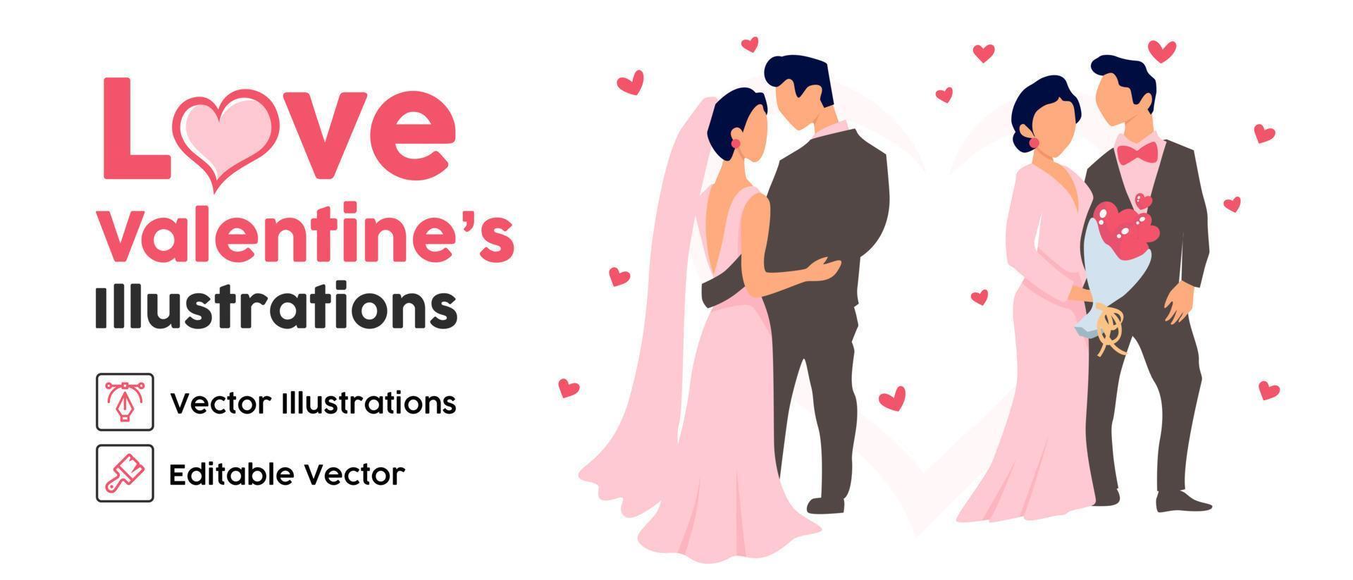 Couple of man with woman in wedding moment. Heart shape love symbol. Design for romantic valentine's day. vector