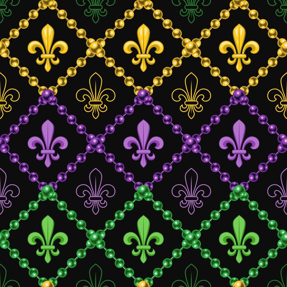 Geometric pattern with fleur de lis symbol. Diagonal square grid with string of beads. Illustration for Mardi Gras carnival. Vintage illustration for prints, clothing, holiday, surface design vector