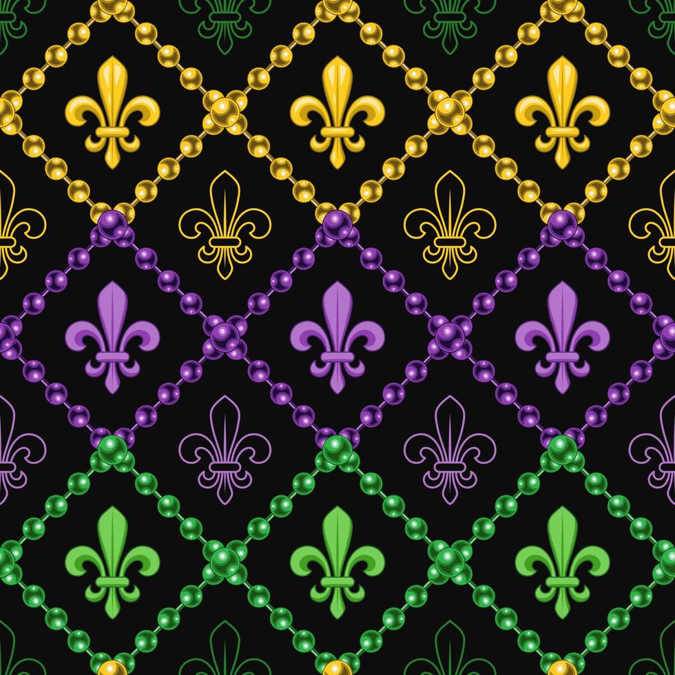 Geometric pattern with fleur de lis symbol. Diagonal square grid with string of beads. Illustration for Mardi Gras carnival. Vintage illustration for prints, clothing, holiday, surface design vector