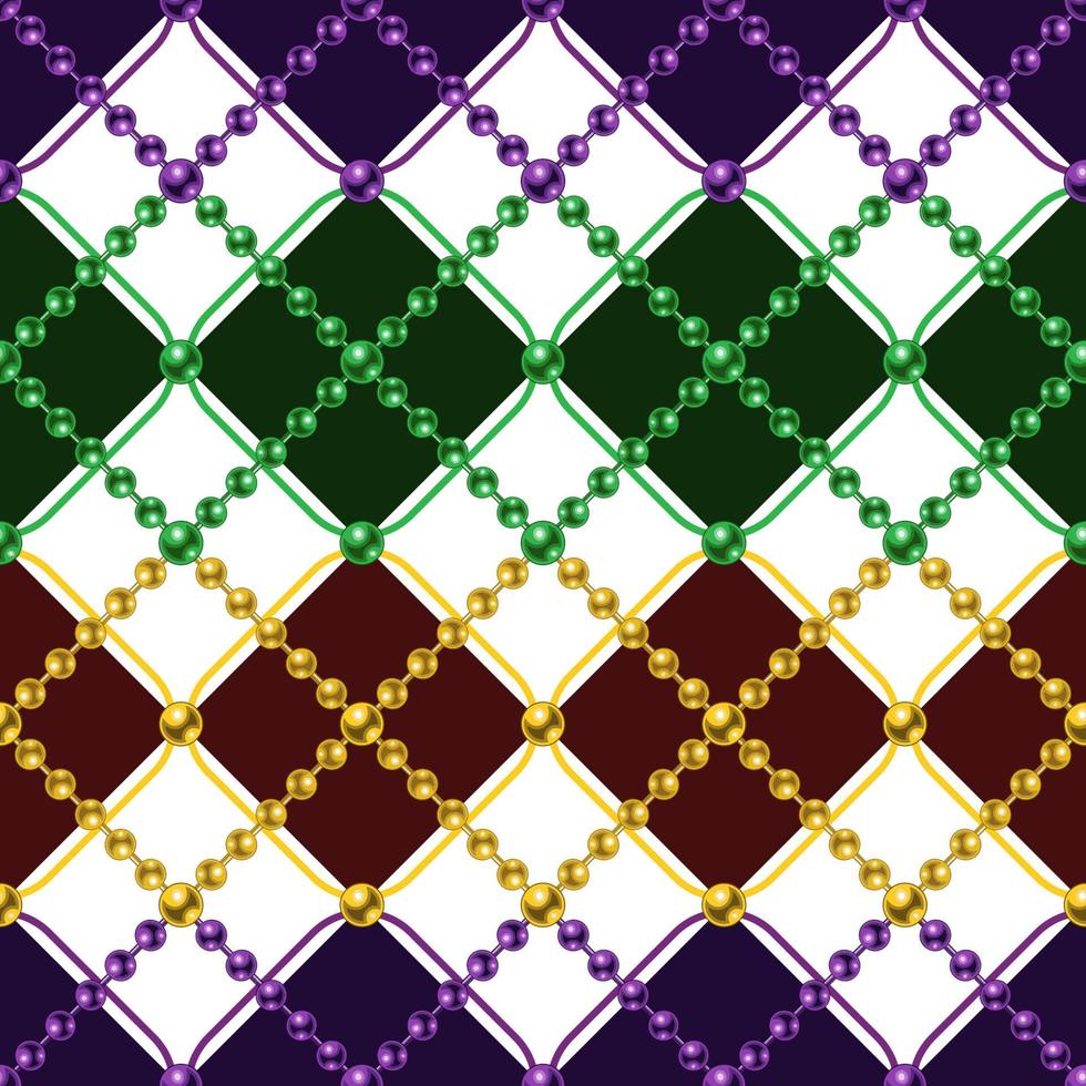 Argile seamless pattern with string of beads. Mardi gras decoration. Diagonal square grid. Vector illustration for print, fabric, textile. Vector illustration.